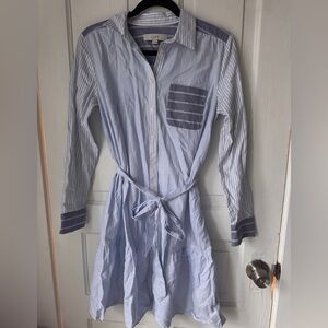 LOFT Light Blue and Navy Striped Tie-Waist Shirt Dress